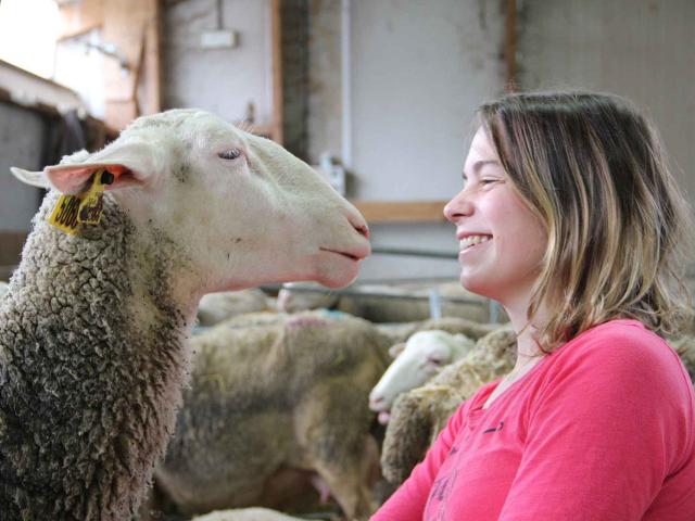 Femme souriant face à une brebis, lors d'une visite de ferme sur le Causse Méjean.