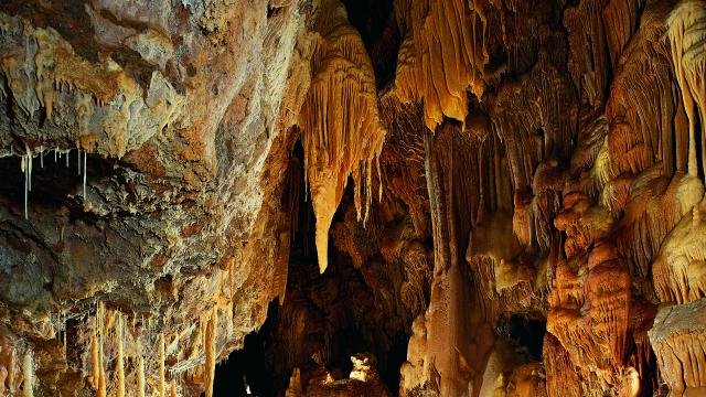 Grotte de Dargilan sur le Causse noir proche de Meyrueis dans les Gorges de la Jonte. Elle est surnommée la Grotte Rose et est classée au Patrimoine mondial de l'UNESCO.