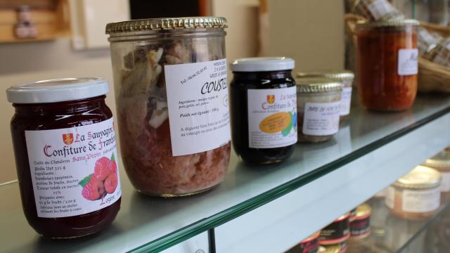 Artisanal products on sale in the store at Point Sublime, jam, pâté and other preserved charcuterie.