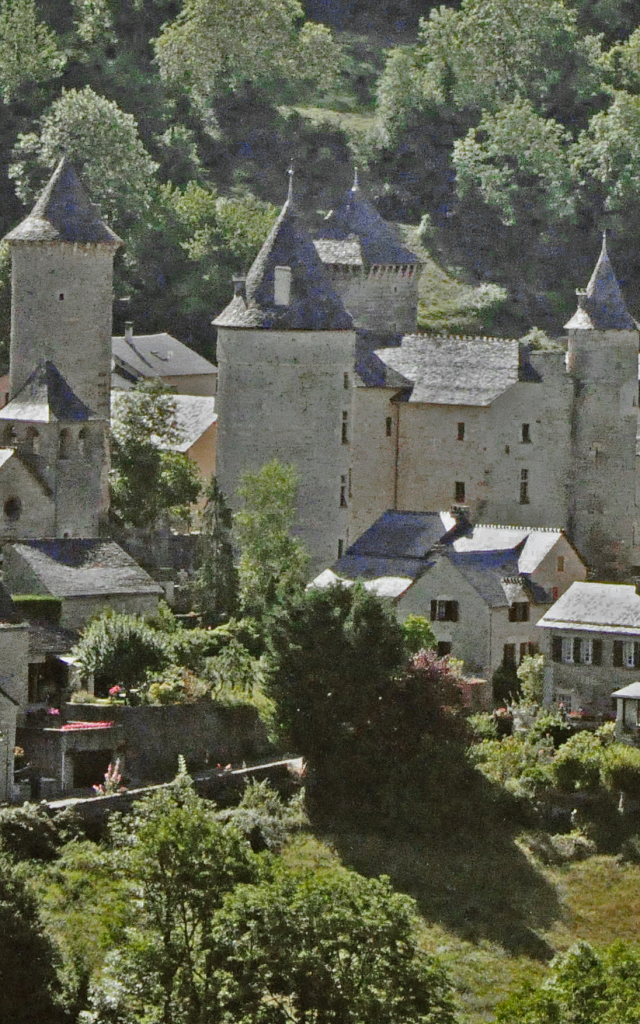 Saint Saturnin et son château du XIVème aux pieds des falaises du Causse de Sauveterre dans la vallée de l'Urugne.