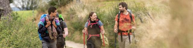 Groupe de jeunes randonneurs sur chemin aubrac.